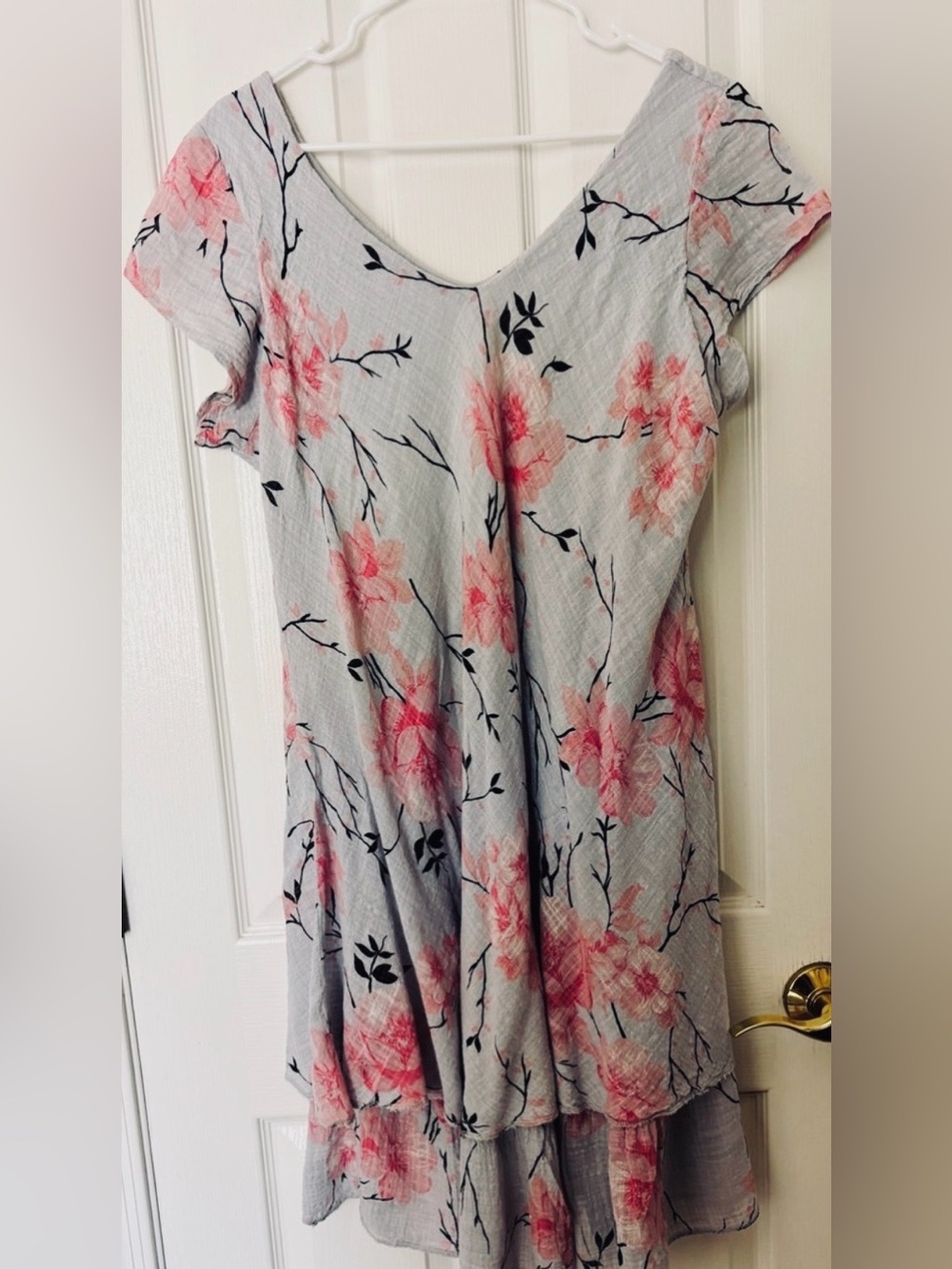 Floral Ruffled Pink and Grey Ruffled Mini Dress Made in Italy ~ Women’s XL ~